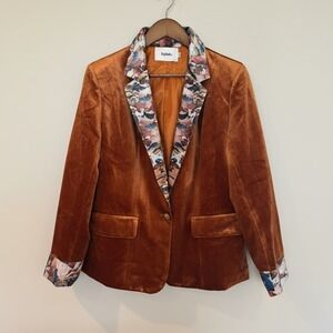 FuTario Burnt Orange Velvet Blazer Contrast Print Lapel Jacket Rust Medium